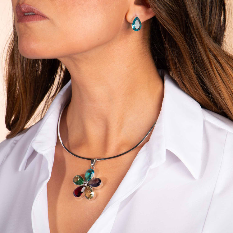 Dije y aretes de Plata con flor de cristal