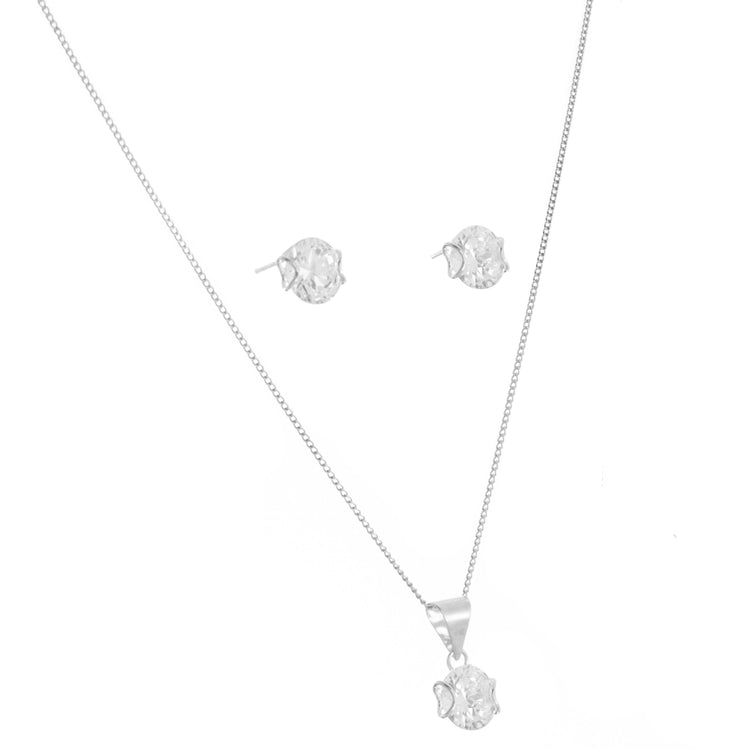 Dijes y aretes abrazo de zirconias con plata.