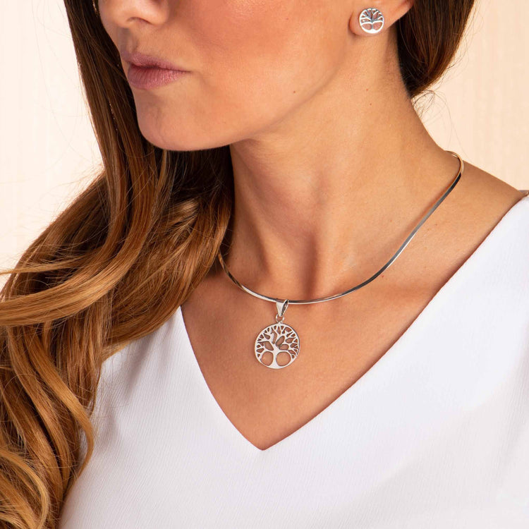 Dije y aretes árbol de la vida minimalista de plata