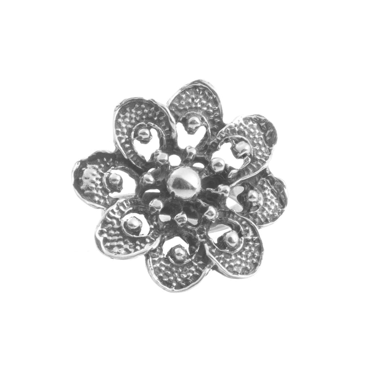 Anillo flor obscuro de plata mexicana