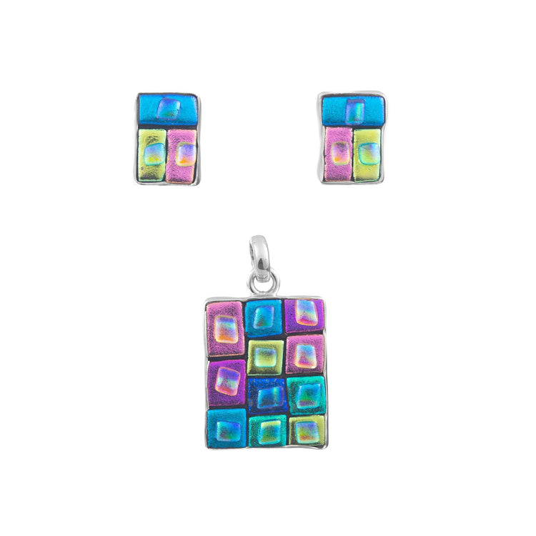 Juego vidrio dicroico con bisel de plata de plata mexicana