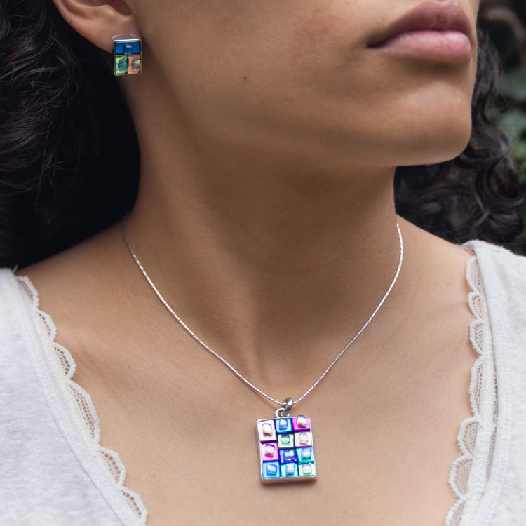 Juego vidrio dicroico con bisel de plata de plata mexicana