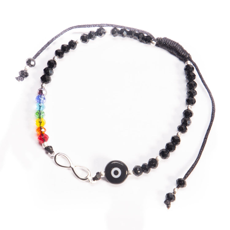 Pulsera de hilo con infinito de plata, cristalitos y ojo turco de plata mexicana