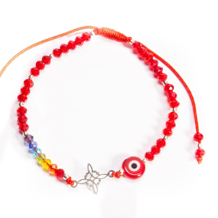 Pulsera de hilo con dije de nudo de bruja de plata, cristalitos y ojo turco de plata mexicana