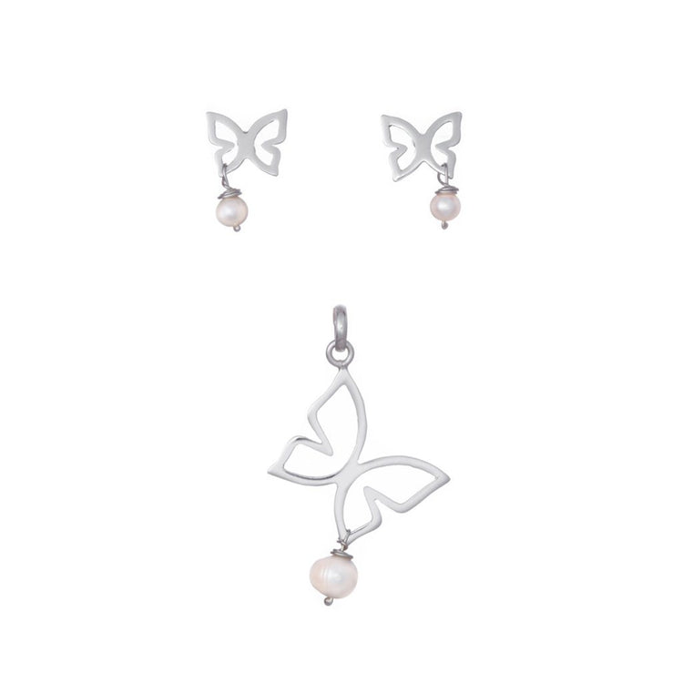Dije y aretes con mariposas Cloé de Plata y perlas