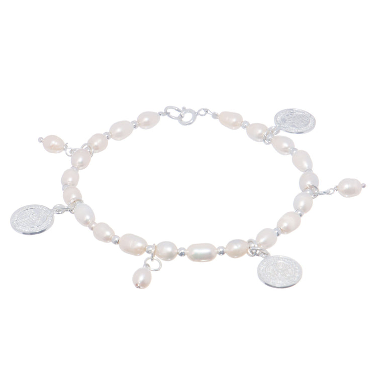 Pulsera San Benito de plata con medallas colgantes