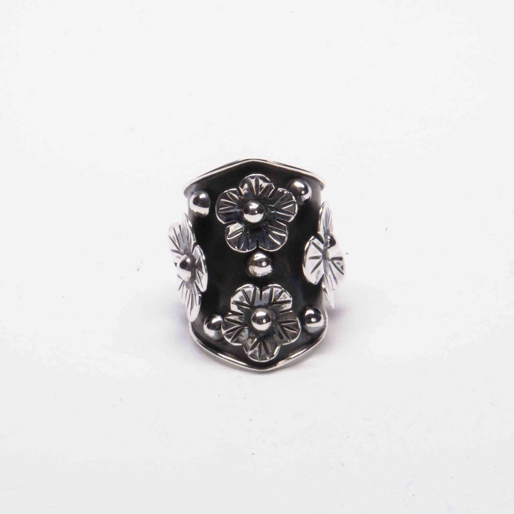 Anillo Pavonado Mexicano Flores Corazón de plata mexicana