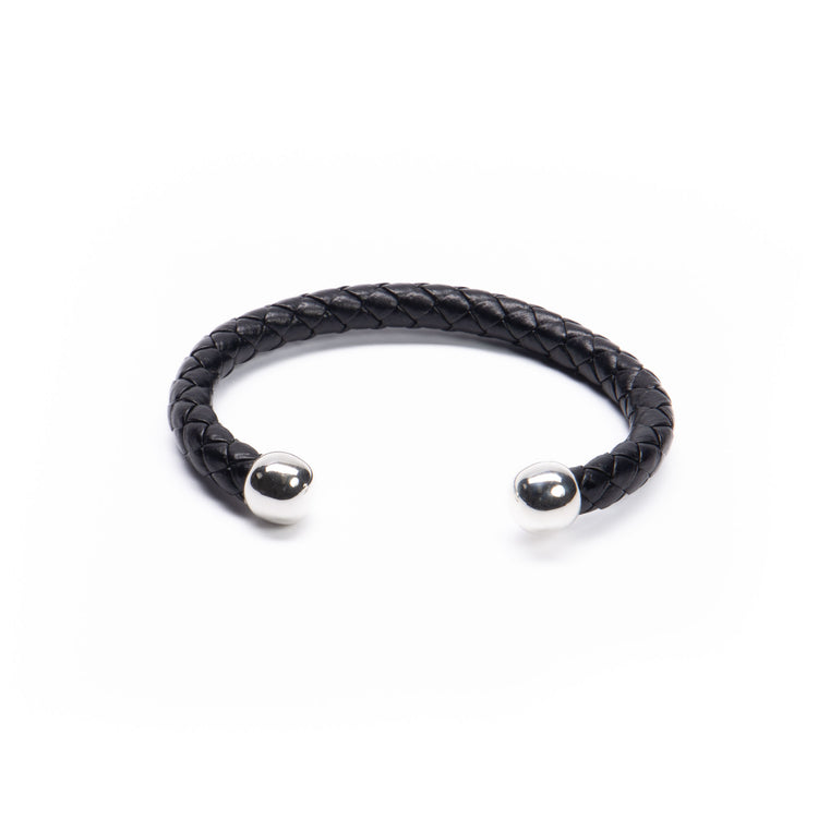 Brazalete piel con 2 bolas plata de plata mexicana