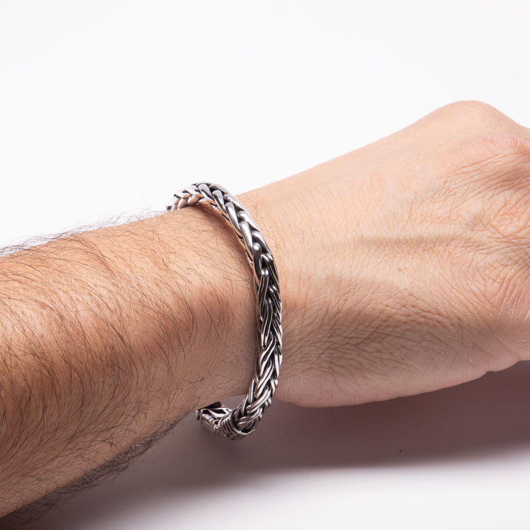 Pulsera bali trenada redondeada gruesa de plata mexicana