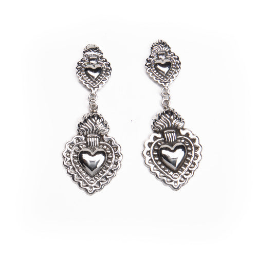 Arete corazon doble barrocco de plata mexicana
