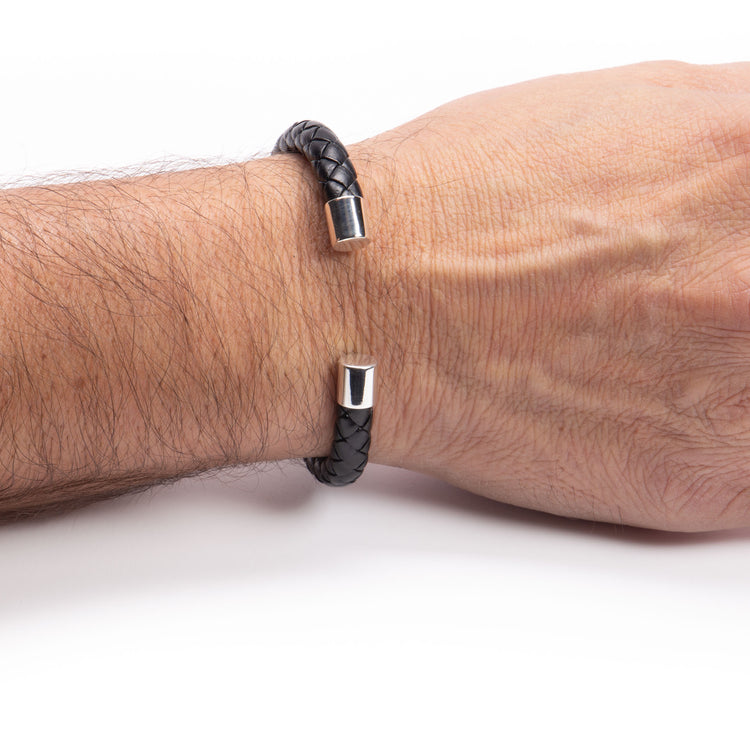 Pulsera de piel cilindros de plata mexicana