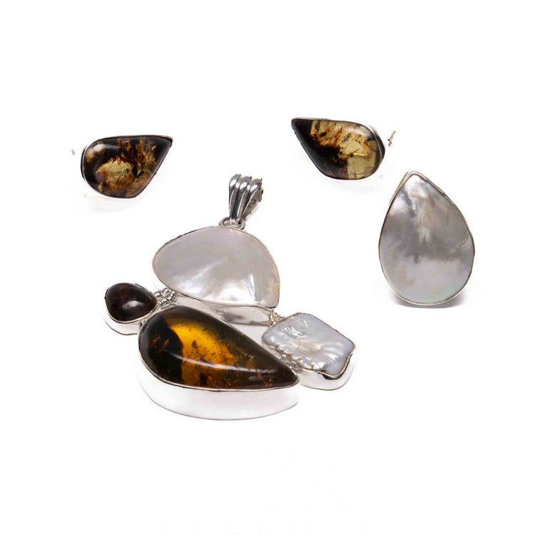Juego de Ambar y concha blanca con anillo de plata mexicana