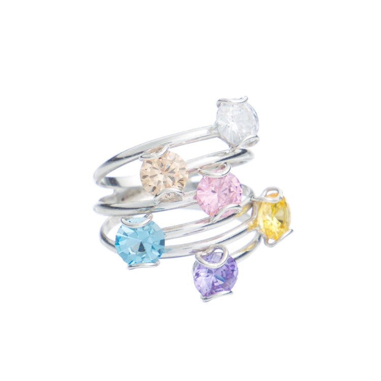 Anillo espiral de plata con 6 zirconias multicolor