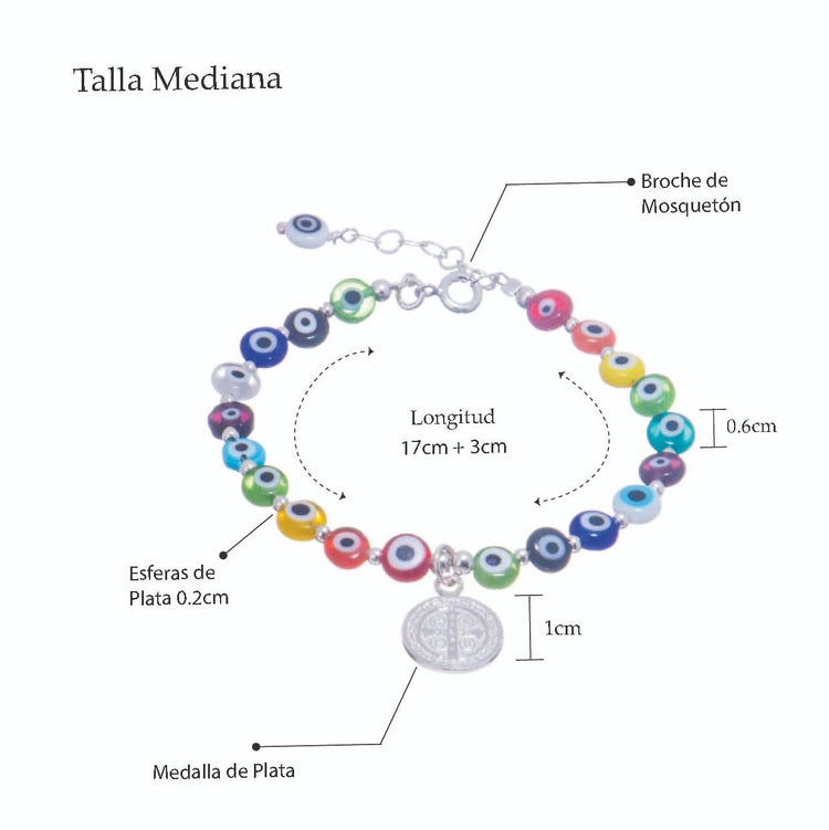 Pulsera de ojitos con medalla de Plata de San Benito