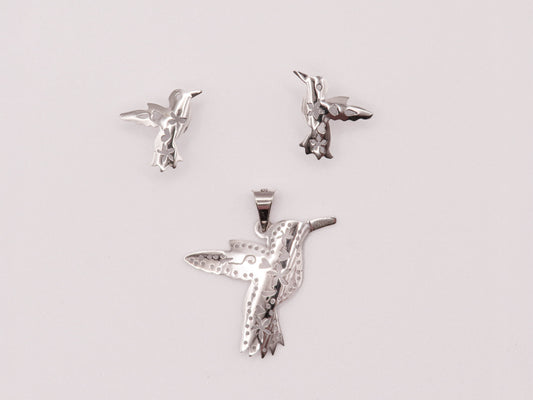Juego plata colibrí con flores y corazones calados