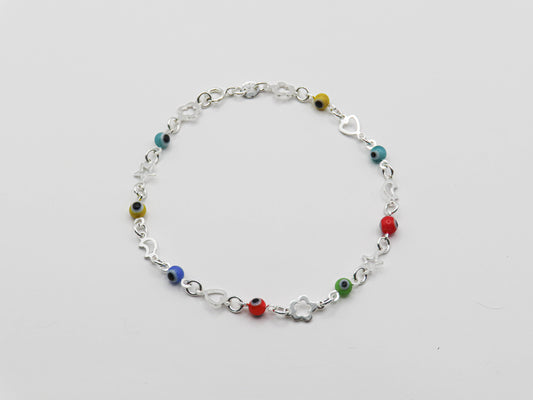 Pulsera de figuras de plata y ojitos multicolor