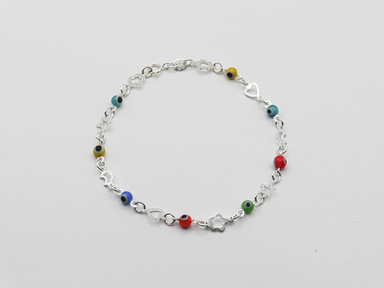 Pulsera de figuras de plata y ojitos multicolor