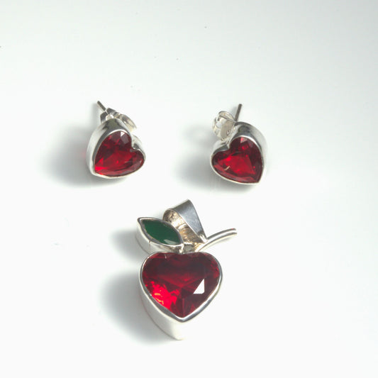 Juego manzana zirconia roja biselada en plata