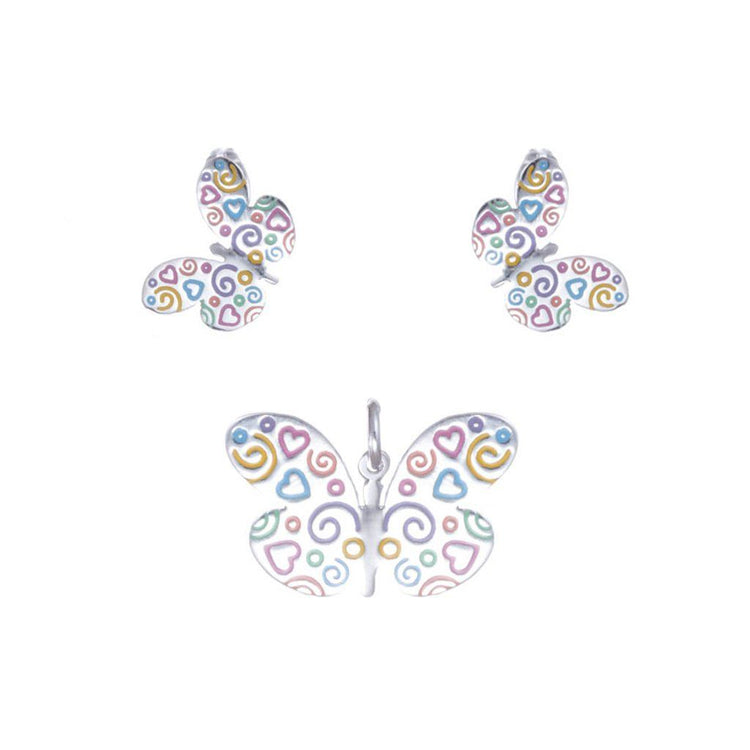 Juego Mariposa de Plata con corazones multicolor