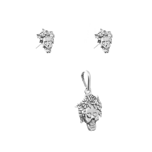 Juego catrina con flores de plata de plata mexicana