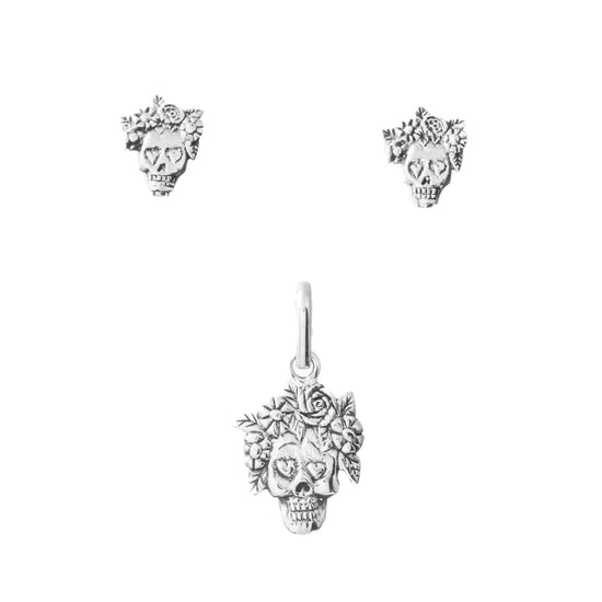 Juego catrina con flores de plata de plata mexicana