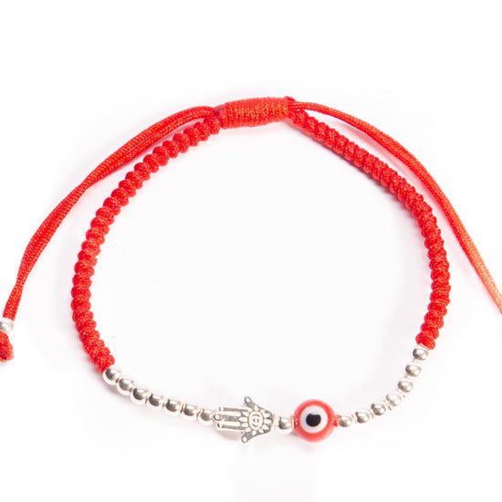 Pulsera de hilo con mano de fatima de plata y ojo turco de plata mexicana