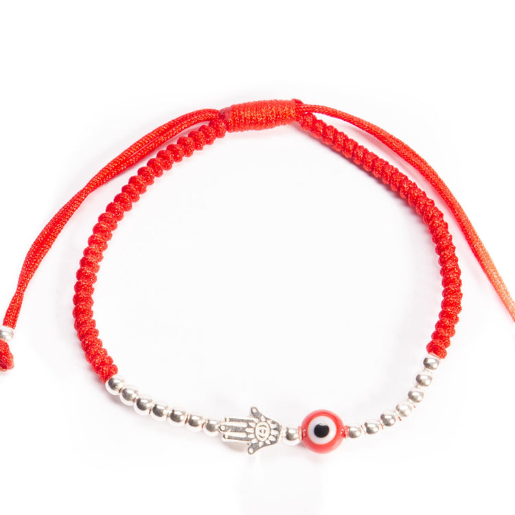 Pulsera de hilo con mano de fatima de plata y ojo turco de plata mexicana