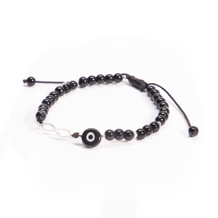 Pulsera de hilo con infinito de plata, onix y ojo turco de plata mexicana