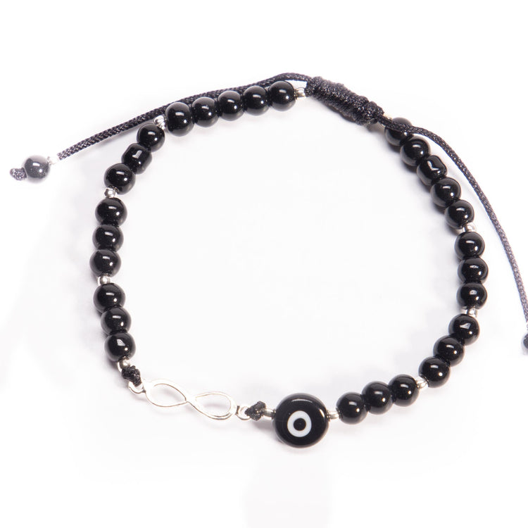 Pulsera de hilo con infinito de plata, onix y ojo turco de plata mexicana