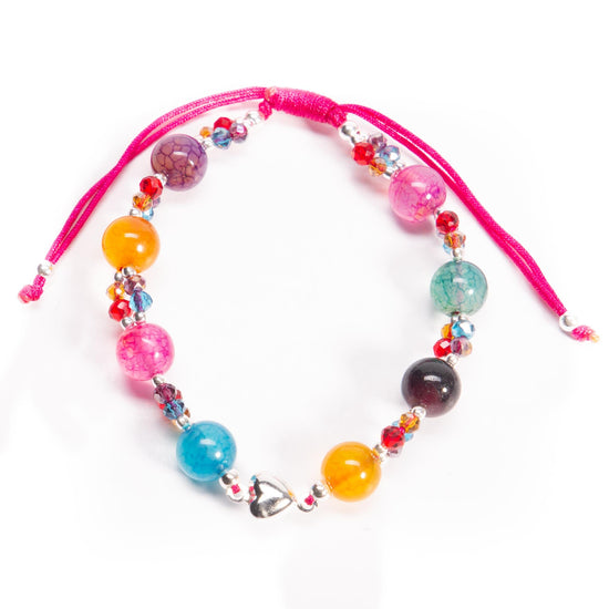 Pulsera de hilo con agatas multicolor y dije de corazon de plata de plata mexicana
