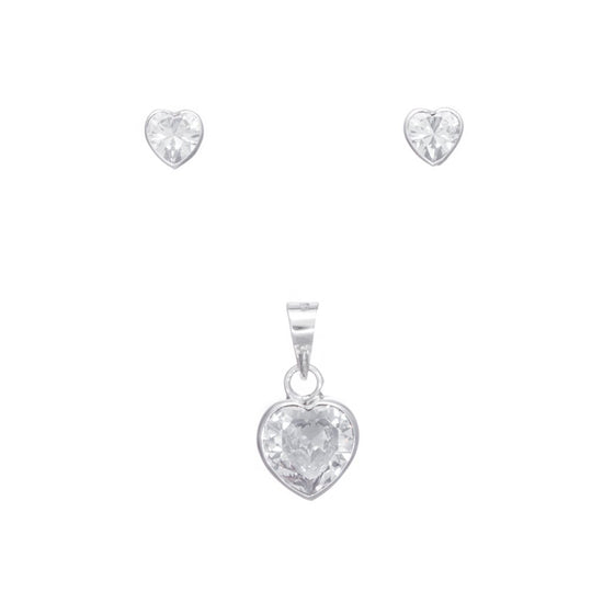 Dije y aretes corazón de zirconia biselada de Plata