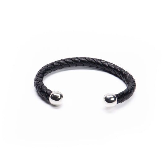 Brazalete piel con 2 bolas plata de plata mexicana