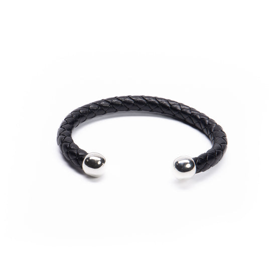 Brazalete piel con 2 bolas plata de plata mexicana