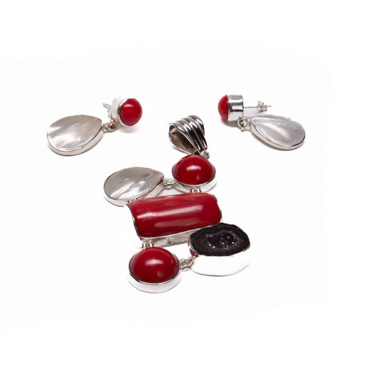 Juego Coral y Geoda de plata mexicana