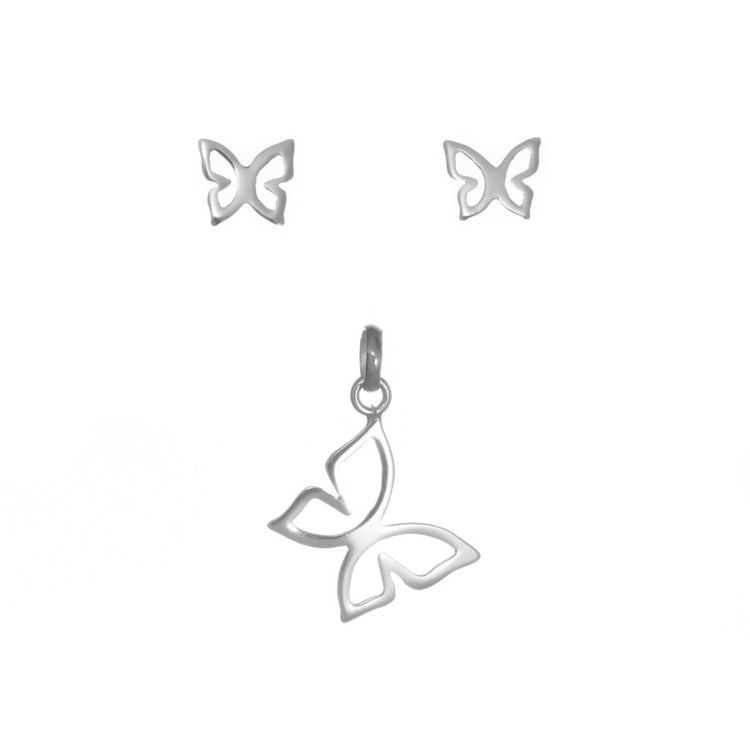 Dije y aretes de mariposa Cloé en contorno de Plata